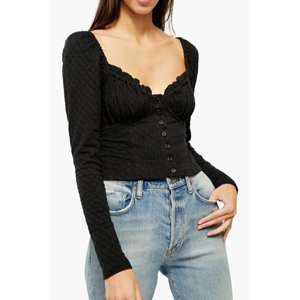 Free People Top Womens Small Black Ladybug Peasant Ruffle Cropped Boho Flirty